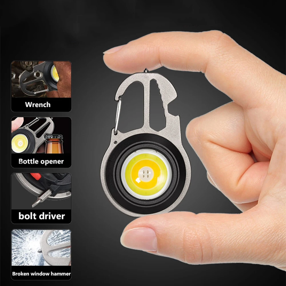 Multifunctional work light mini COB LED small flashlight keychain lamp red and yellow light bottle opener bolt driver