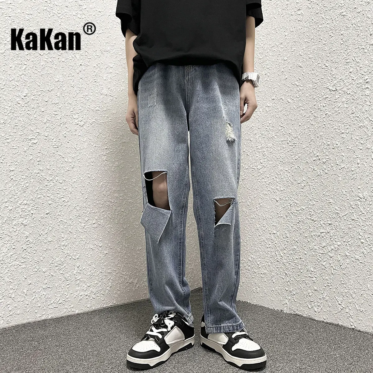 Kakan - New Trend Ripped Jeans for Men, Loose Wide Leg Versatile Straight Length Casual Jeans K24-ASN311