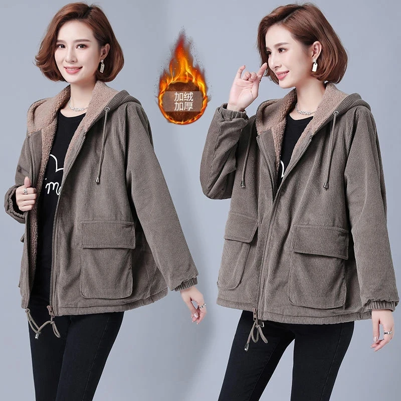 2023 New Fashion Women Corduroy Jacket Female Velvet Thick Warm Coat Autumn Winter Casual Loose Hoodie Windbreaker Outerwear