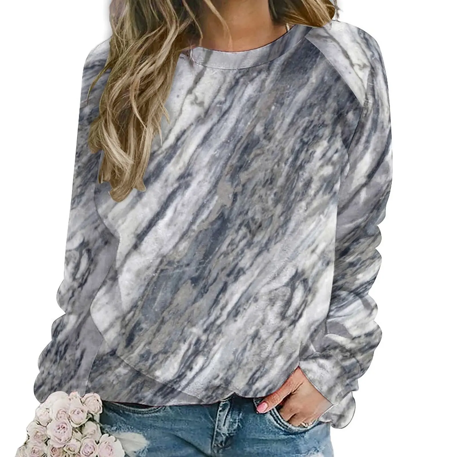 

Marble Casual Hoodies Women White And Grey Natural Marbles Waterfall Modern Hoodie Long Sleeve Fashion Oversized Sweatshirts