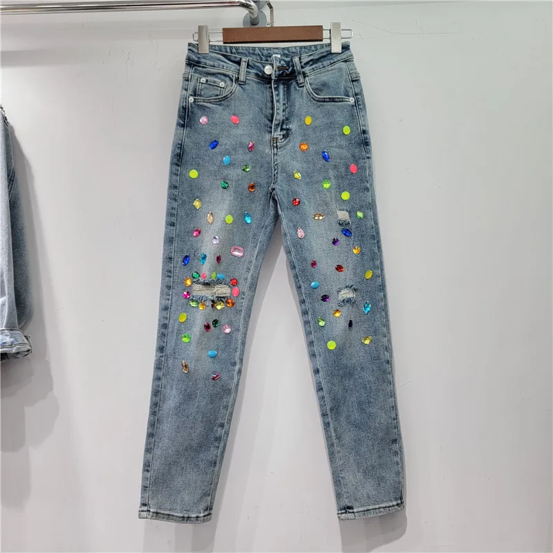 

Новинка весна-лето 2023, джинсовые брюки для тяжелой промышленности, рваные, бриллиантовые, красочные, с кристаллами, укороченные джинсы, женские узкие брюки-карандаш