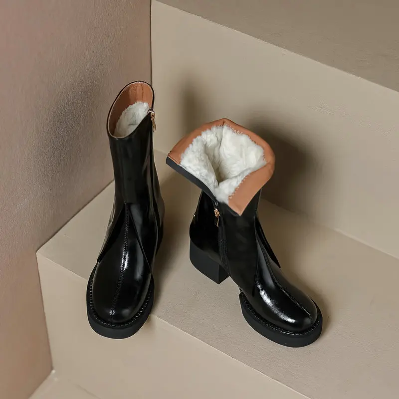 

Женские ботильоны из натуральной кожи, с шерстяной подкладкой, с круглым носком, на толстом высоком каблуке, на молнии, короткие сапоги, зимн...
