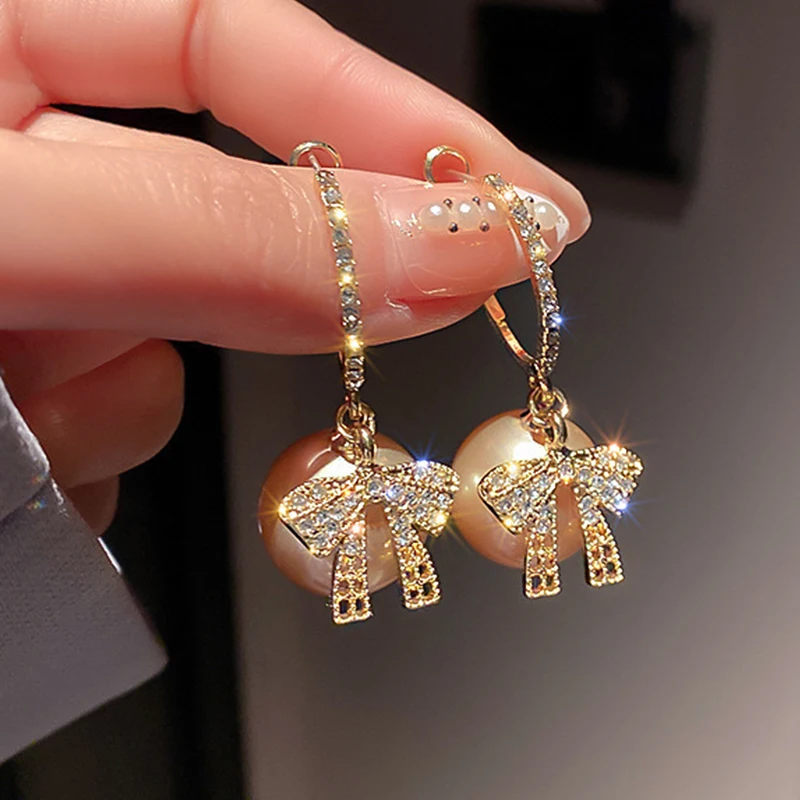 

Gold Zircon Bowknot Earrings For Women Red Pearl Bow Stud Earrings Festive Earring New Year Christmas Gift Party Jewelry