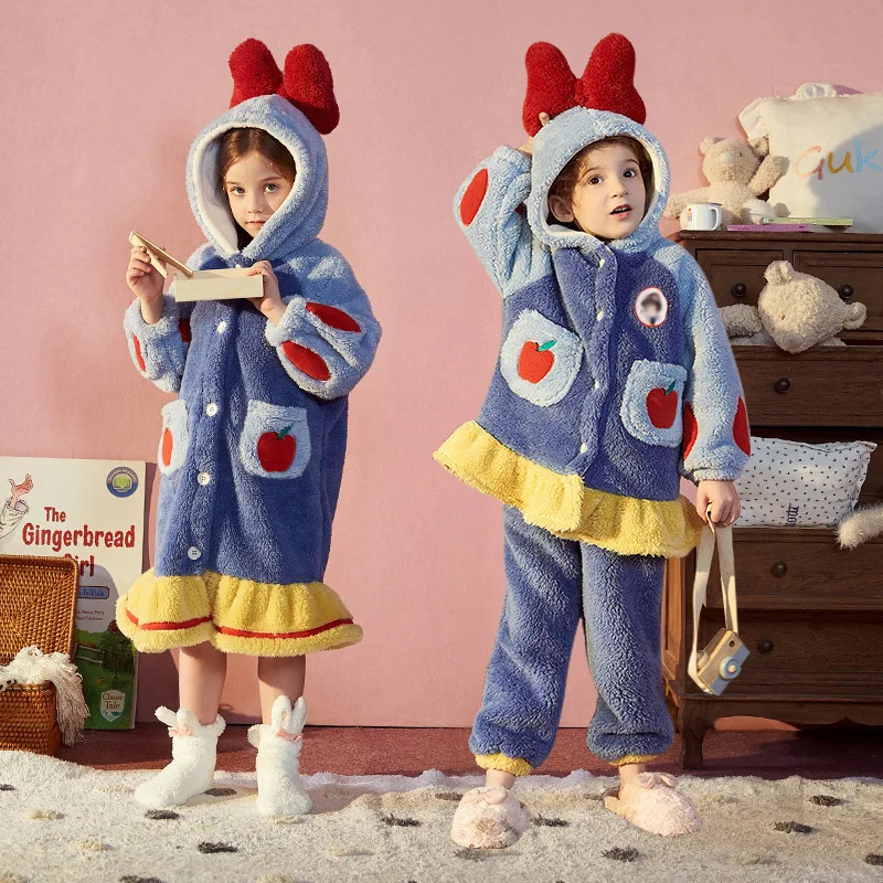 

Winter Cute Gown Snow White Children's Pajamas Coral Velvet Pajamas Girls' Home Clothes Thickened Suit Casual Warm Keeping