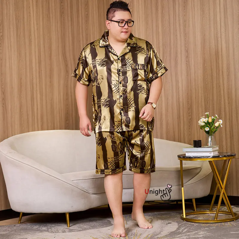 Summer Men's Pajamas Sets Silk Short sleeved Sleepwear Ice Silk Plus Size 7XL Pajama set Home Clothing Pyjamas Suit Home Wear