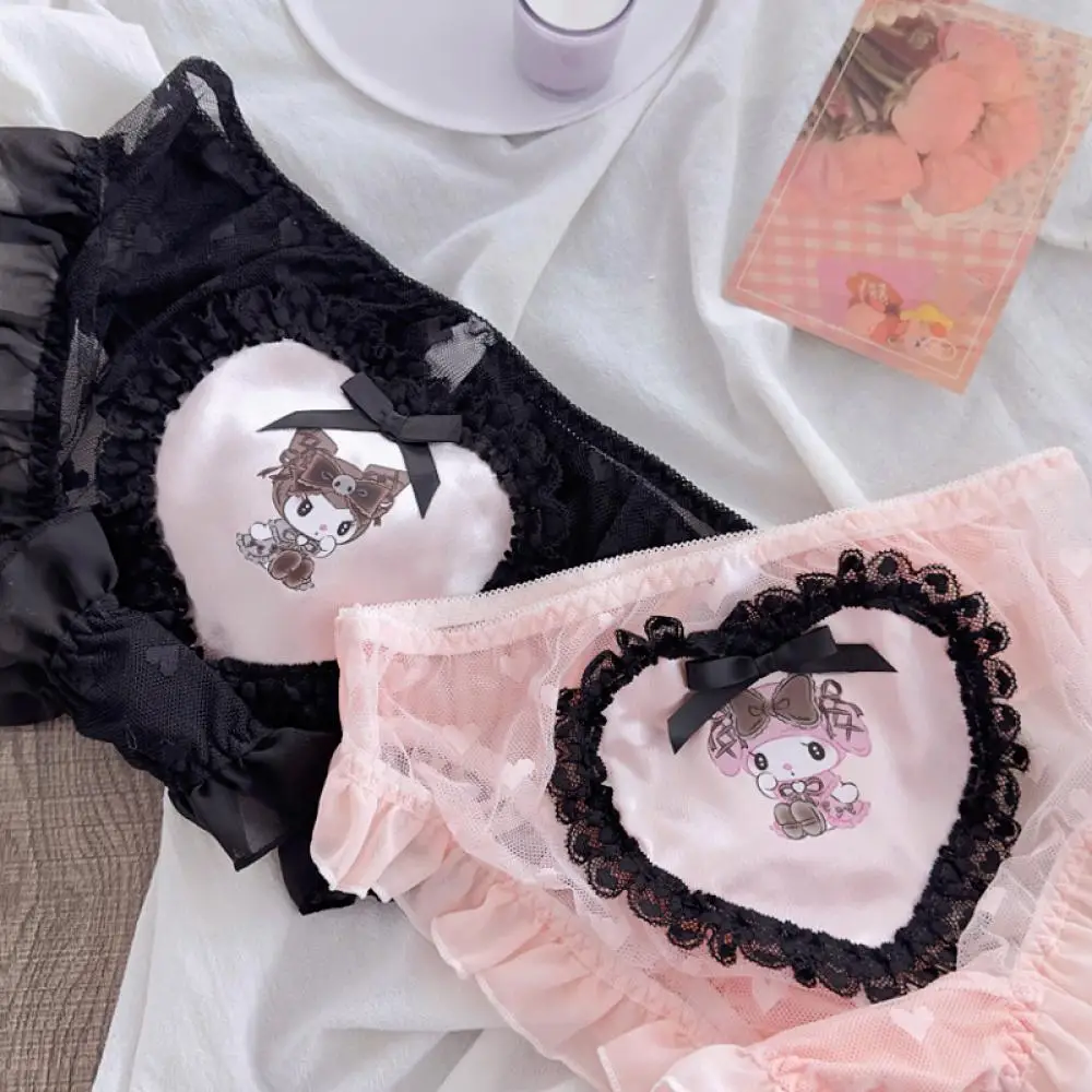

Сексуальные женские трусики Sanrioed, нижнее белье Kawaii Kuromi Melody, кружевной бант, бесшовные сетчатые трусики для девочек, аниме, дышащие трусики