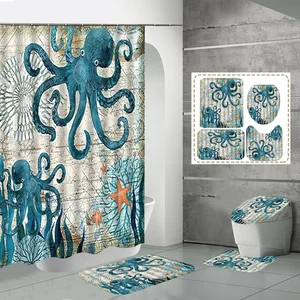 octopus shower curtain set ocean animal landscape waterproof bath curtains starfish blue rug toilet lid cover bathroom mat home free global shipping