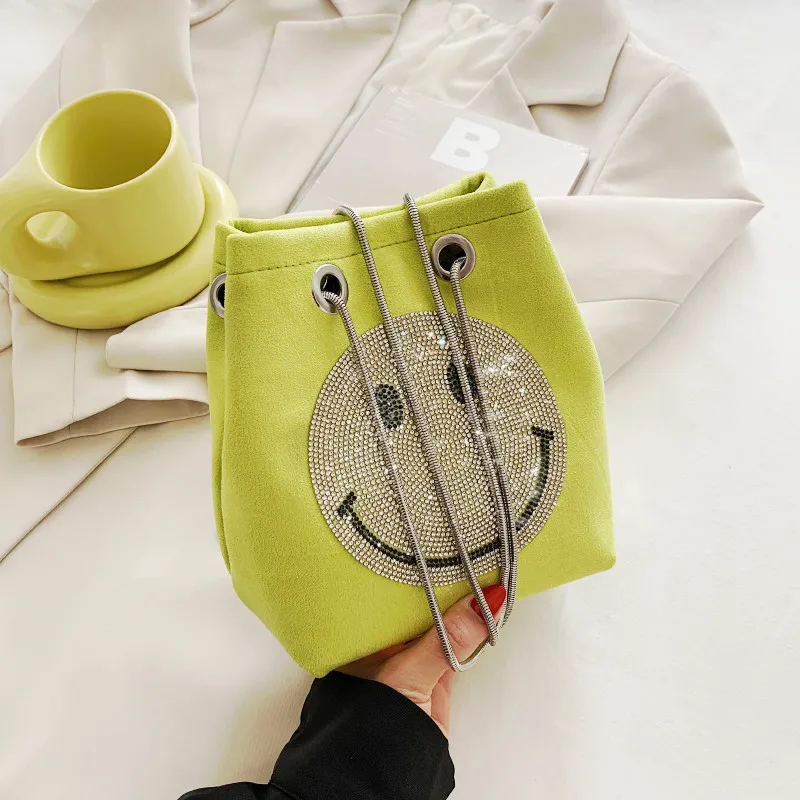 

New Smileybags Women Spring Space Cotton PU Diamonds Bucket Bag Chain Shoulder Bag Fashion Drawstring Handbags