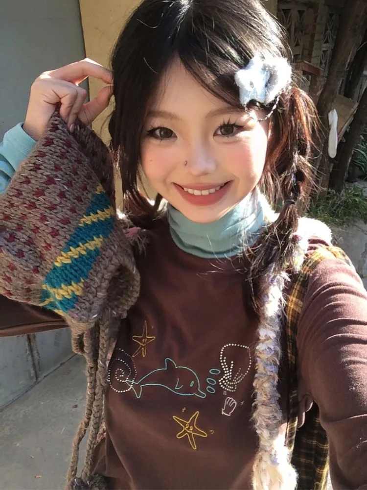 QWEEK Винтажная Футболка Y2k Kawaii Женская водолазка милые Мультяшные коричневые