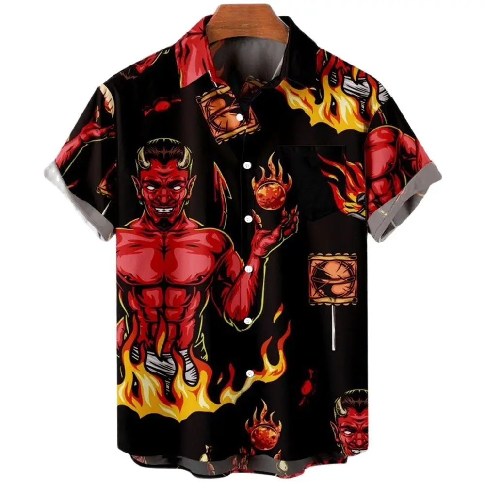 2023 Devil 3d Print Men's Shirts Button Short-sleeved Skull Shirts For Men Fashion Trend Male Clothes Streetwear Oversized Tops