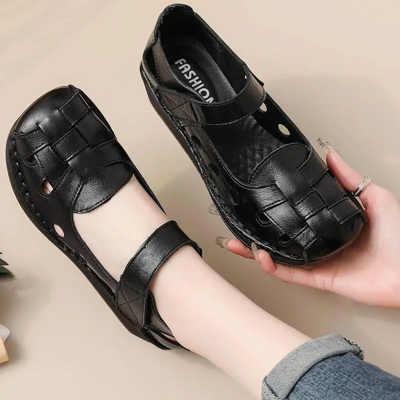 High Quality Roman Sandals Women’s Summer Genuine Leather Weave Shoes Mom Gladiator Lady Closed Toe Elderly Flat Wedged Sandals