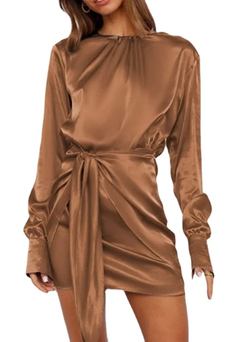 Vintage Women's Banquet Party Dresses Round Neck Elastic Tie Waist Long Sleeve Solid Skirt Elegant Prom Dress for Women Vestidos