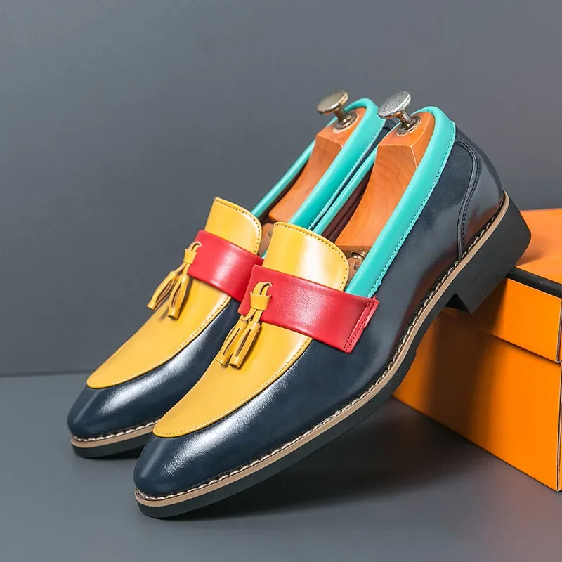 Модные разноцветные кожаные туфли мужские элегантные модельные с острым носком