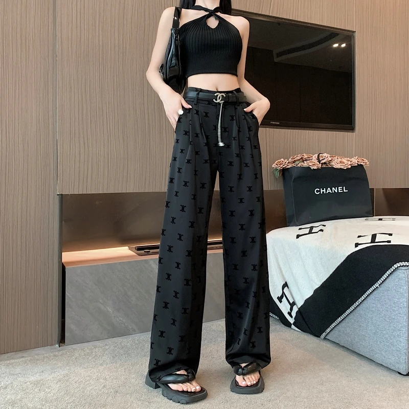 

Acetic acid flocked wide leg pants for women's summer new design, with a high waistband that looks thin and icy, and a drooping