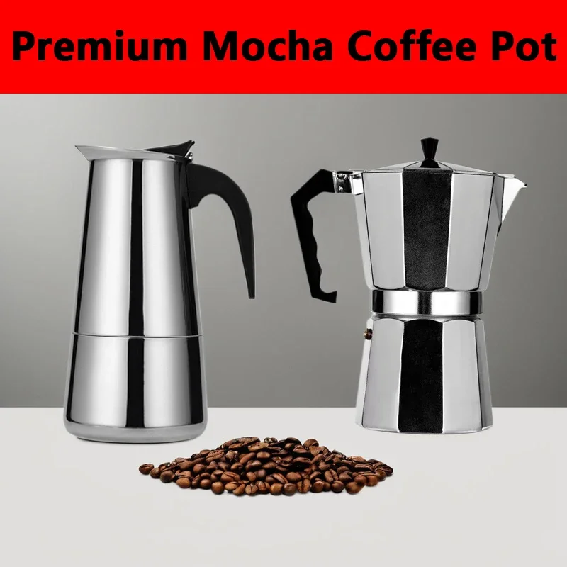 Фото Кофеварка Moka Pot 50 мл-600 мл из нержавеющей стали, перколятор для кафе, итальянская кофемашина, подходит для индукционных плит, посуда для кофе №1