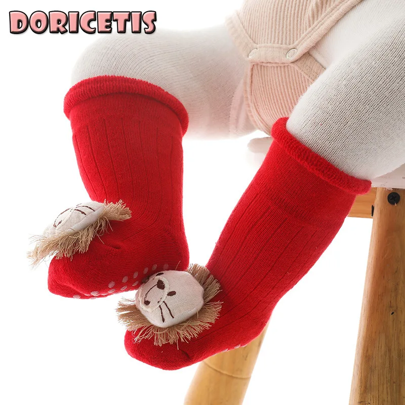 

Рождественские красные утепленные теплые Нескользящие чулки выше колен из чесаного хлопка для новорожденных Осень-зима