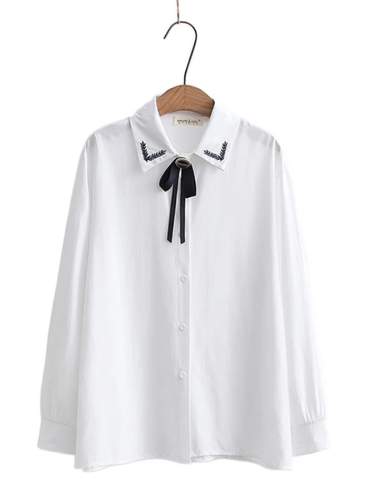 

Leaves Embroidery Women Cotton Shirts with Bow 2022 Spring Harajuku Full Sleeve Turndown Collar Ladies Basic Daily Sweety Tops