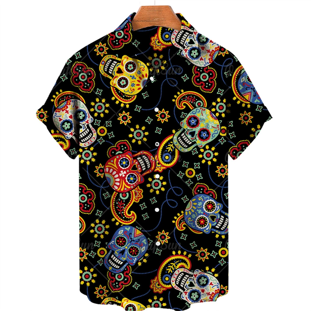 

2022 summer men's skull 3d print hawaiian shirt loose short sleeve oversized 5xl breathable t-shirt men