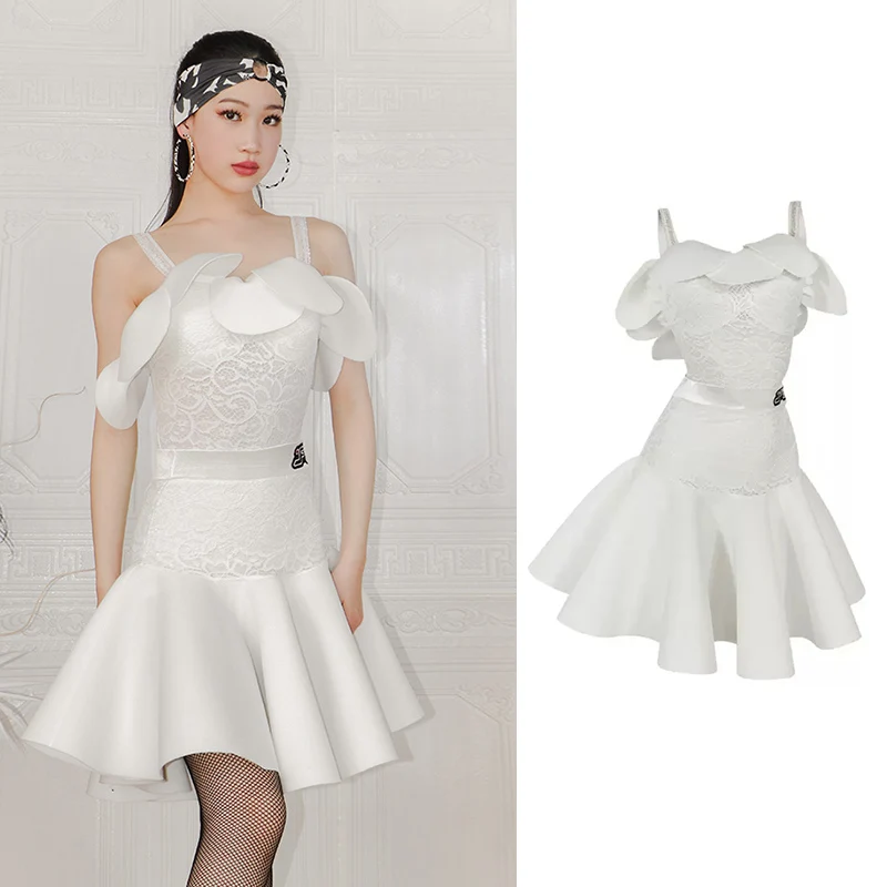 

Женское платье для латиноамериканских танцев, белое платье без рукавов с кружевной юбкой и топом для выступлений, модель VDB6499, 2023