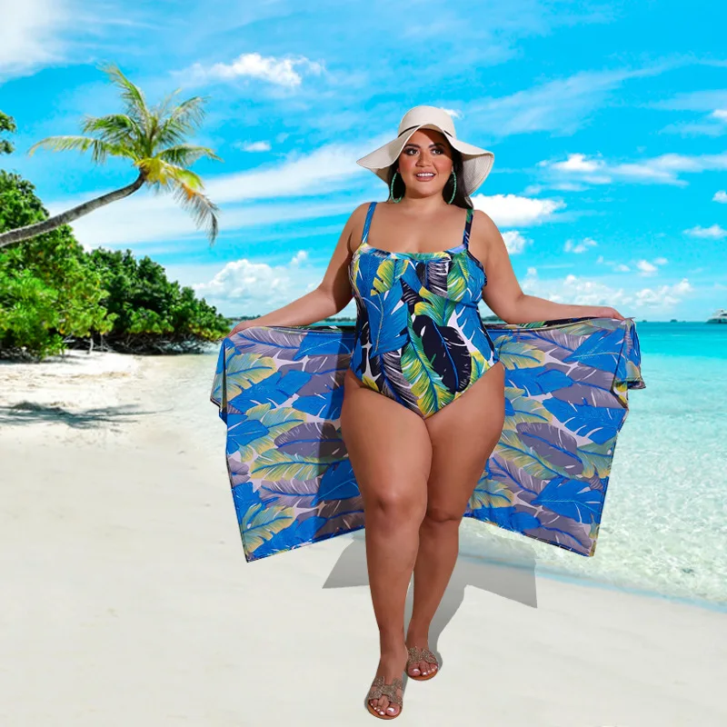 Plus Size Women's Clothing 2021 Summer New Print Cool Sexy Ladies Swimwear with Chiffon Shawl XL-5XL Oversized