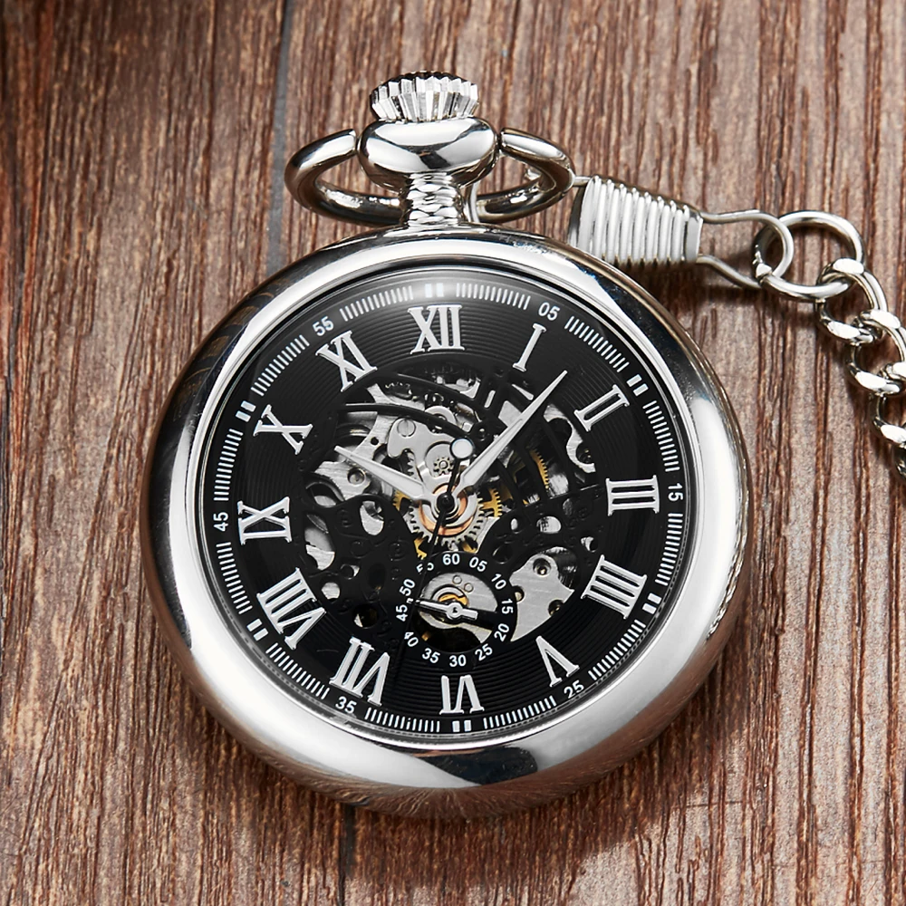 Vintage Mechanical Pocket Watch Men Skeleton Steampunk FOB Chain Smooth Roman Numeral Clock HandWind Watches Women reloj hombre