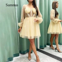 sumnus polka dotted mini prom dress full sleeve sweetheart sexy tulle prom gown zipper short party gala dresses robe de soiree