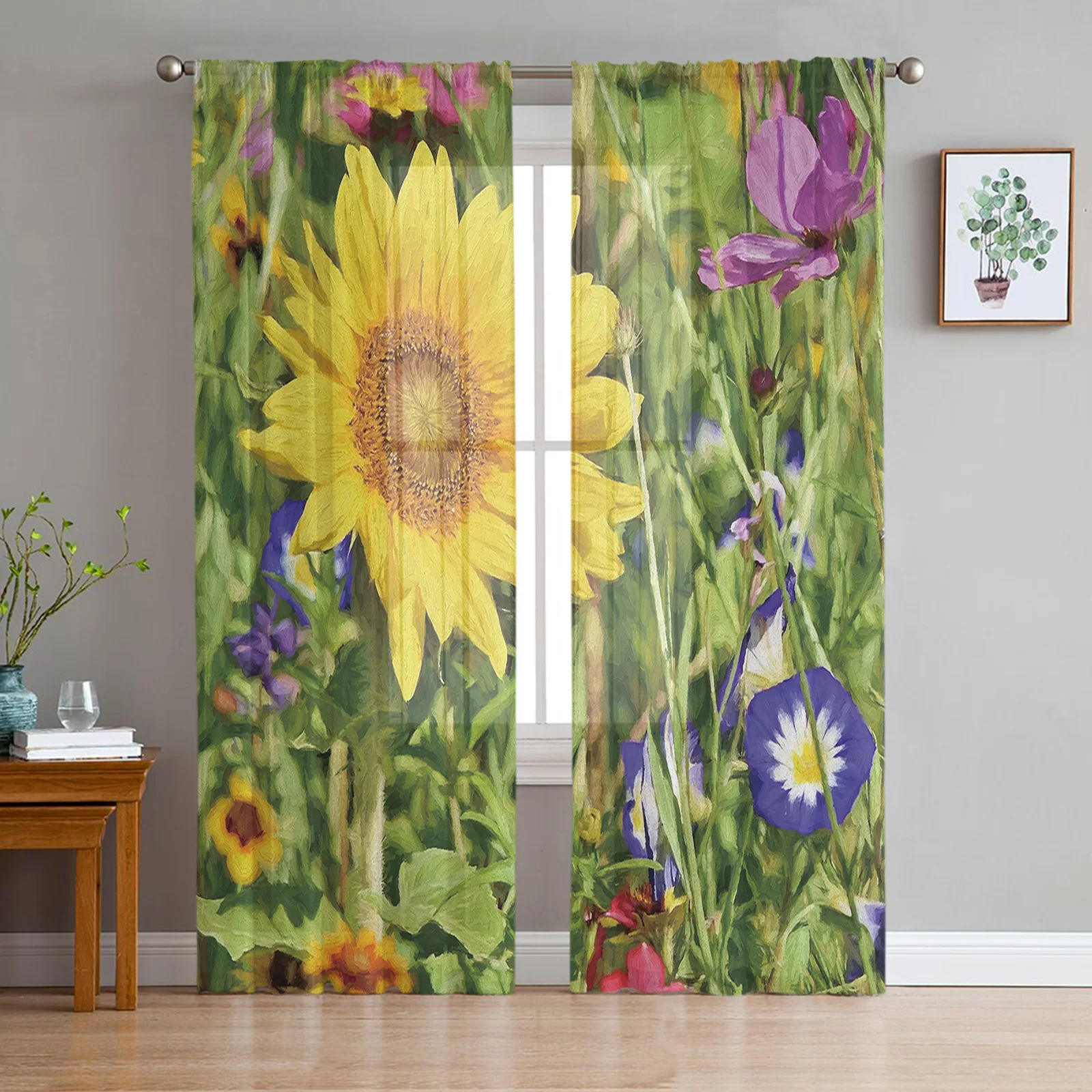 

Cortinas de tul con pintura al óleo de flores de campo para dormitorio, sala de estar, decoración de gasa para balcón, cocina y