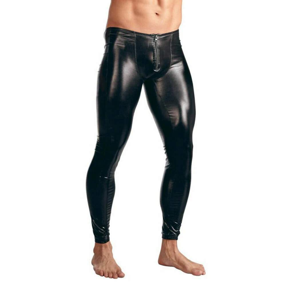 

Men Sexy Slim Wetlook PU Leather Pants Pouch Zip Trousers Tight Leggings Club Pole Dance Latex Tight Pants Clubwear A50