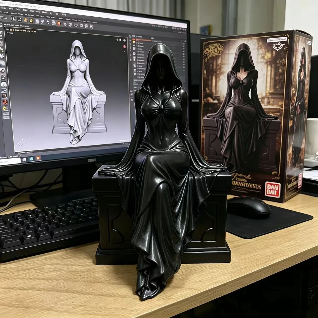 3D-печатная скульптура: Фигурка Королевы-призрака в черном плаще на Хэллоуин, Безликая Художественная Дева-Повелительница с капюшоном, сидящая на троне, в плаще, Темная Королева (art.: 3920dbbee1f46) - 3920dbbee1f46