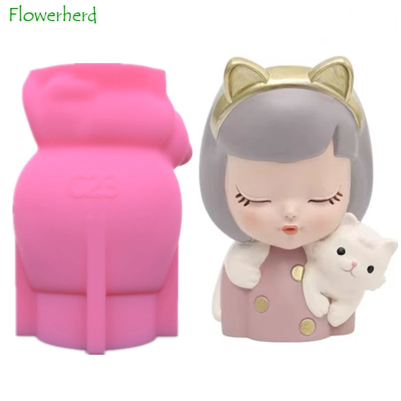 

Cute Girl and Cat DIY 3D Creative Pen Holder Flower Pot Silicone Mold Scented Candle Mold Food Grade Chocolate Cake Decoration