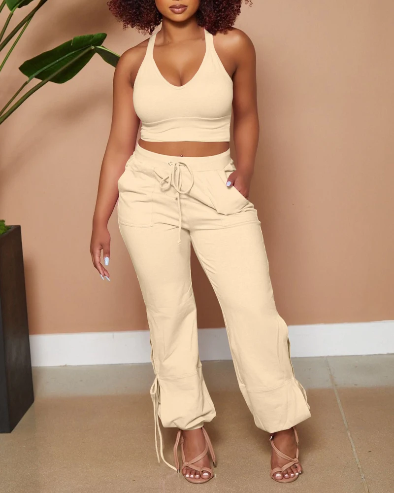 

Women Fashion New Solid Color Summer Workplace Commuting Leisure V-neck Sleeveless Vest and High Waist Pocket Trousers Suit