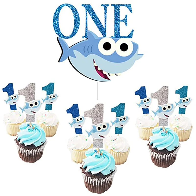 

ONE Birthday Cake Topper with 1st Cupcake Toppers Shark Birthday for Girl First Birthday Baby Shower Party Supplies