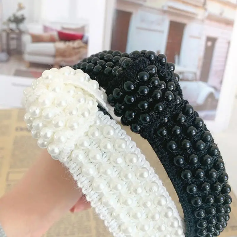 

New Handmade Women Simulated-pearls Knot Bow Hairbands White Black Wide Beaded Headwraps Elegant Simple Headbands Hair Hoop