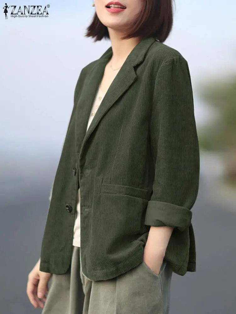 Винтажный вельветовый Блейзер ZANZEA женский костюм с длинным рукавом отложным
