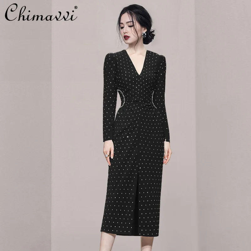 

2022 New V Neck Embroidery Drilling Dress Autumn Winter High Waist Black Dot Sheath Dress Female A Line Korean Style Dress