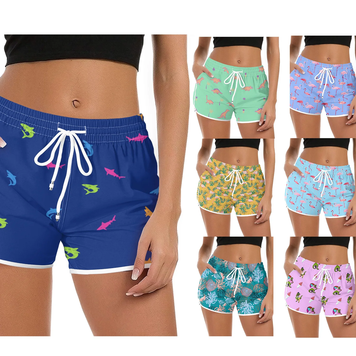 

Летние быстросохнущие женские домашние повседневные Популярные штаны, 3d классические пляжные шорты с принтом животных, фламинго, динозавра, рыбы, гавайский принт для серфинга