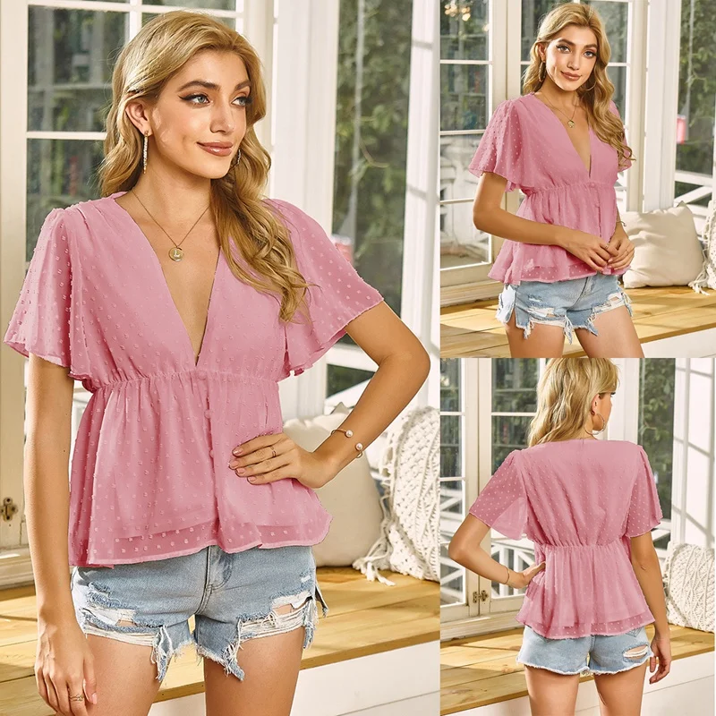 

Women's Short-Sleeved V-Neck Lotus Leaf Top Shirt Pink