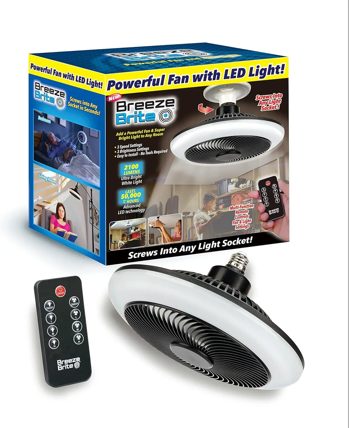 

Brite with LED Light, No Tools - Screw into any light socket 3 Speed Settings, 3 Brightness Settings up to 2100 Lumens Incl. Mu