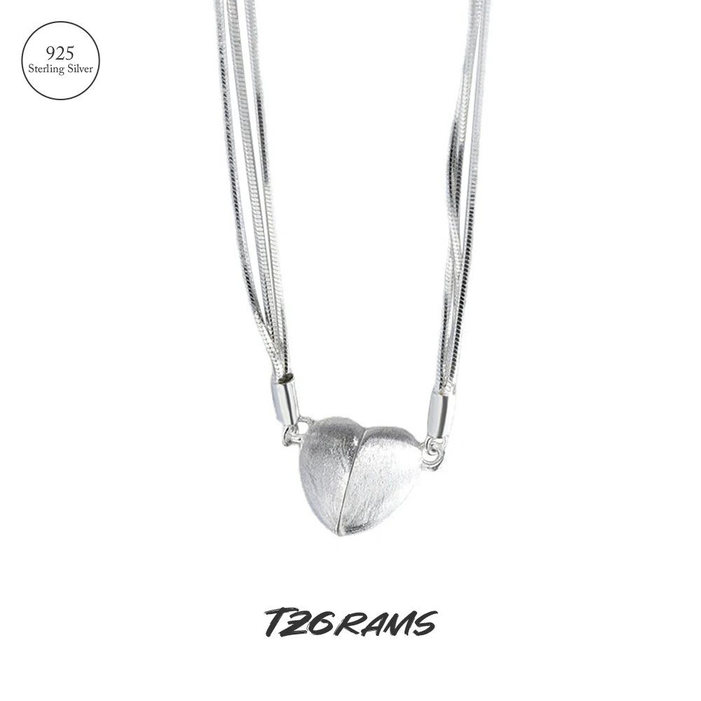 

TZgrams Genuine 925 Silver Three Layer Snake Chain with Magnetic Heart Pendant Necklace for Women Korean Fashion Jewelry