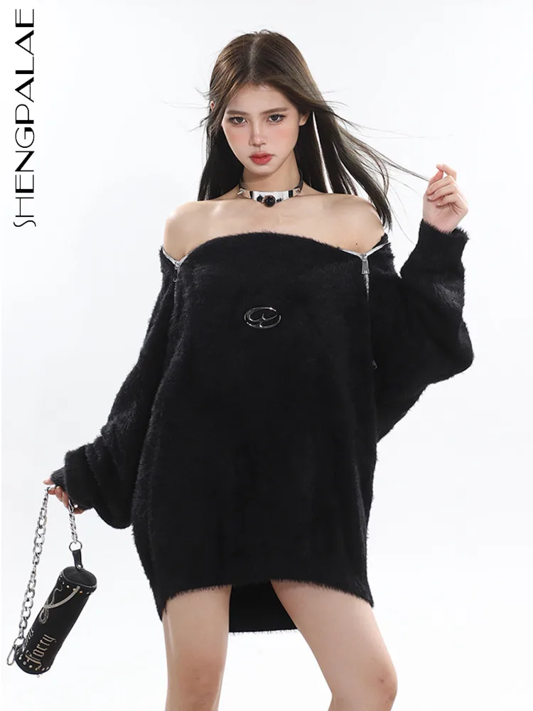 

Женский вязаный свитер SHENGPALAE, модный свитер на двойной молнии с круглым вырезом и длинными рукавами из норковой шерсти, осень 2023, новинка 5R5356