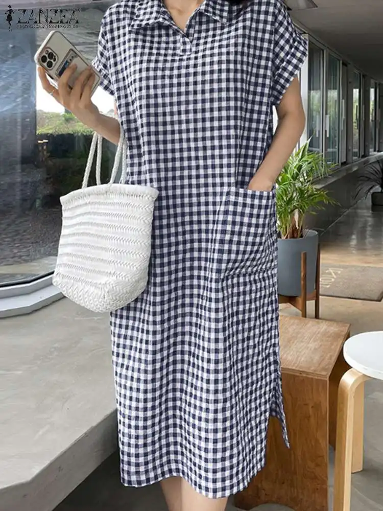 Платье ZANZEA женское летнее с принтом в клетку повседневное дамское платье