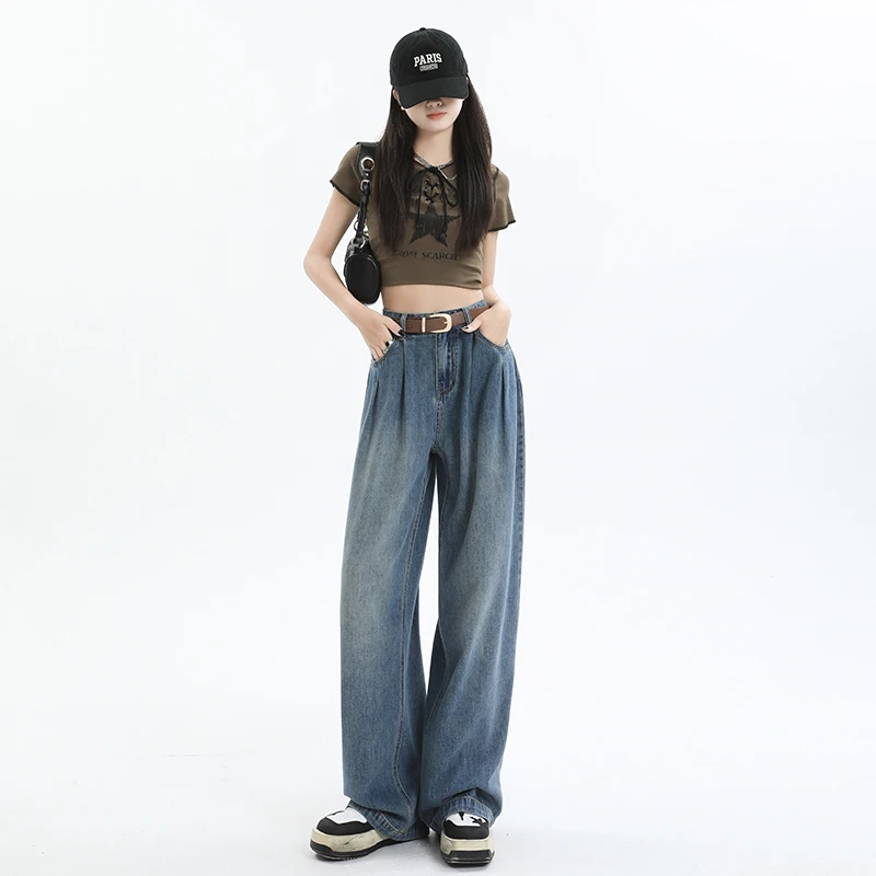 Jeans Women's Spring/Summer Commuter Pants Blue Youth Wide Leg Pants High Waist Loose Fit Pleated Straight Sweep Feel