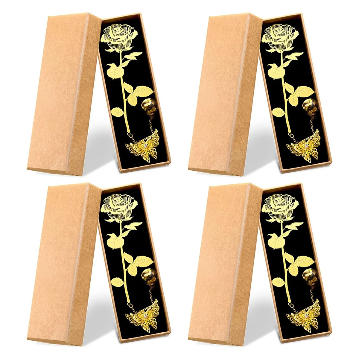 

4 упаковки на День святого Валентина, металлические золотые розы, закладки, металлические закладки с 3D подвеской-бабочкой, цепочкой и коробкой