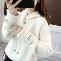 new women mohair sweaters loose pullovers spring autumn long sleeve streetwear knitted hooded tops solid casual thicken sweaters
