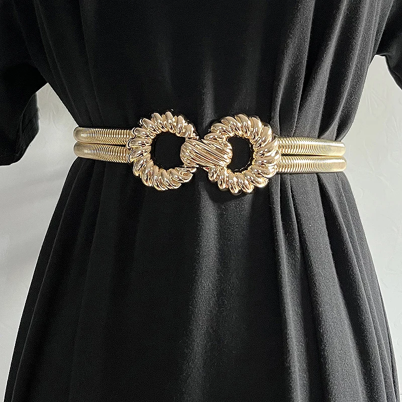Luxury Retro Gold Spring Chain Belt Women Fashion Double spring waistband Geometric buckle Dress Gold Belt