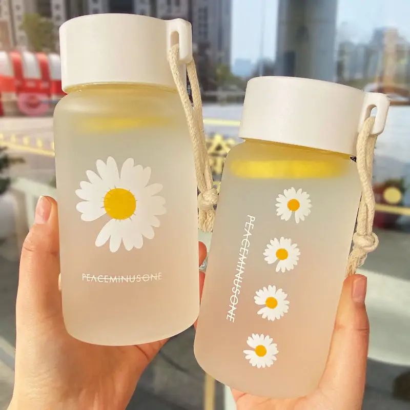 

480ml Small Daisy Transparent Plastic Water Bottles BPA Free Creative Frosted Water Bottle With Portable Rope Travel Tea Cup