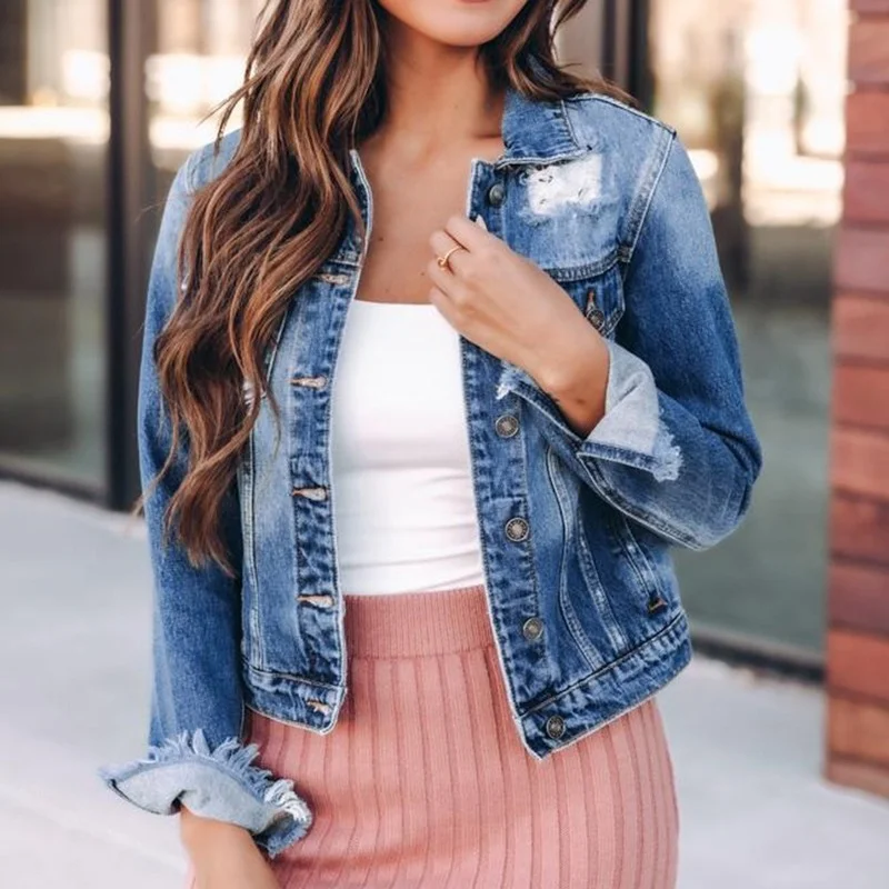 

Women's Fashion Short Casual Jacket Long-sleeved Lapel Street Style Autumn and Winter 2021 New Button Hole Denim Jacket Women