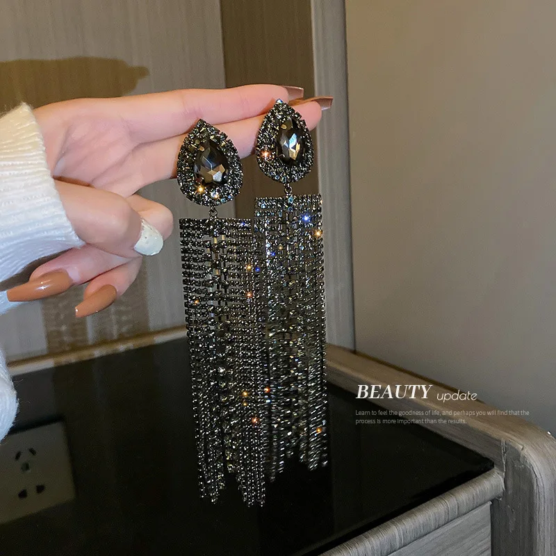 

925 Silver Needle Water Drop Set Diamond Long Tassel Earrings European And American Fashion Design Personality Net Red