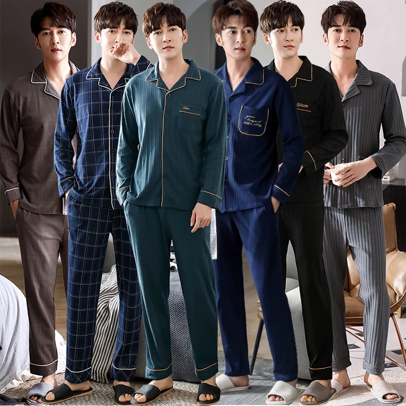 2022 Autumn Cotton Plus Size Long Sleeve Pajama Sets for Men Korean Sleepwear Suit Pyjamas Male Homewear Loungewear Home Clothes