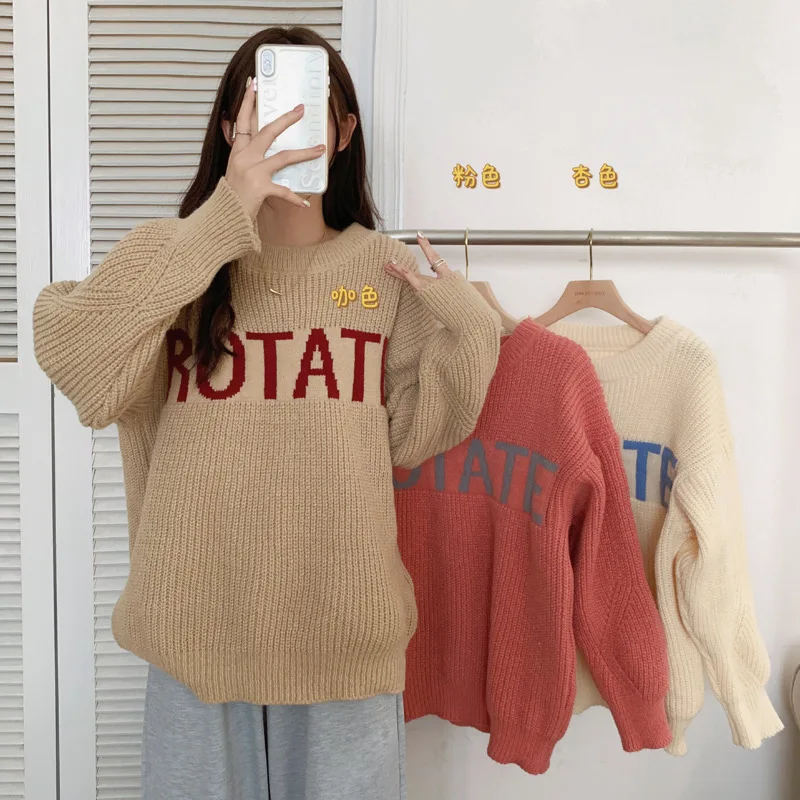 

JMPRS Korean Fashion O Neck Sweater Women Fall Vintage Loose Letter Knitted Pullover Female Long Sleeve Coffee Jumper Tops Mujer